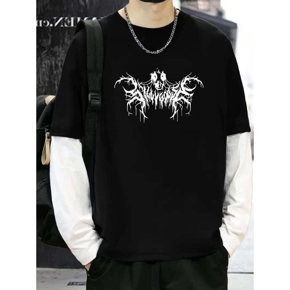 Men's Dark Print Long Sleeve T-Shirt - Edgy Skull Star Design, Stretchy Crew Neck Casual Tee For Streetwear & Everyday Style, Gothic Fashion, Med