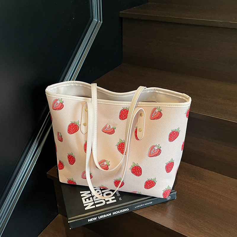 Luxury Brand Designer Bag 2025 New Cherry Print Tote Bag PU Single Shoulder Crossbody Large Capacity Bag Summer Fashion Versatile Commuter Bag