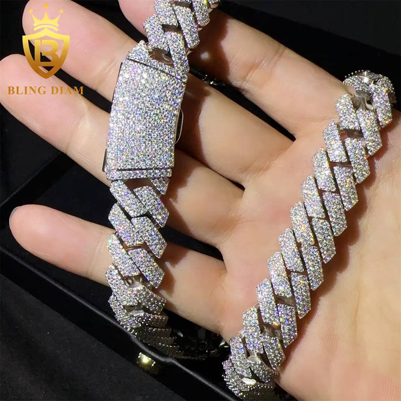 Sterling Silver 925 15mm VVS Moissanite Diamond Iced Out Cuban Link Moissanite Hip Hop Cuban Link Chain Necklace