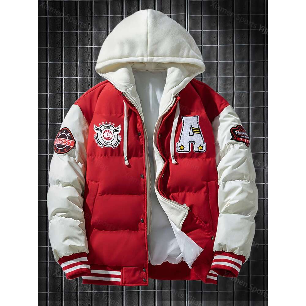 Men's Women's Heavyweight Hooded Red White Color Block Baseball Coat With Front Zipper Closure, Non-Stretch Fabric Outerwear Couples, Casual