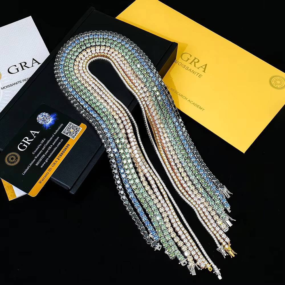 Custom Wholesale 925 Silver Jewelry Ice Mossanite Moissanite Colorful champagne Green Black Blue Tennis 925 Link Necklace Chain