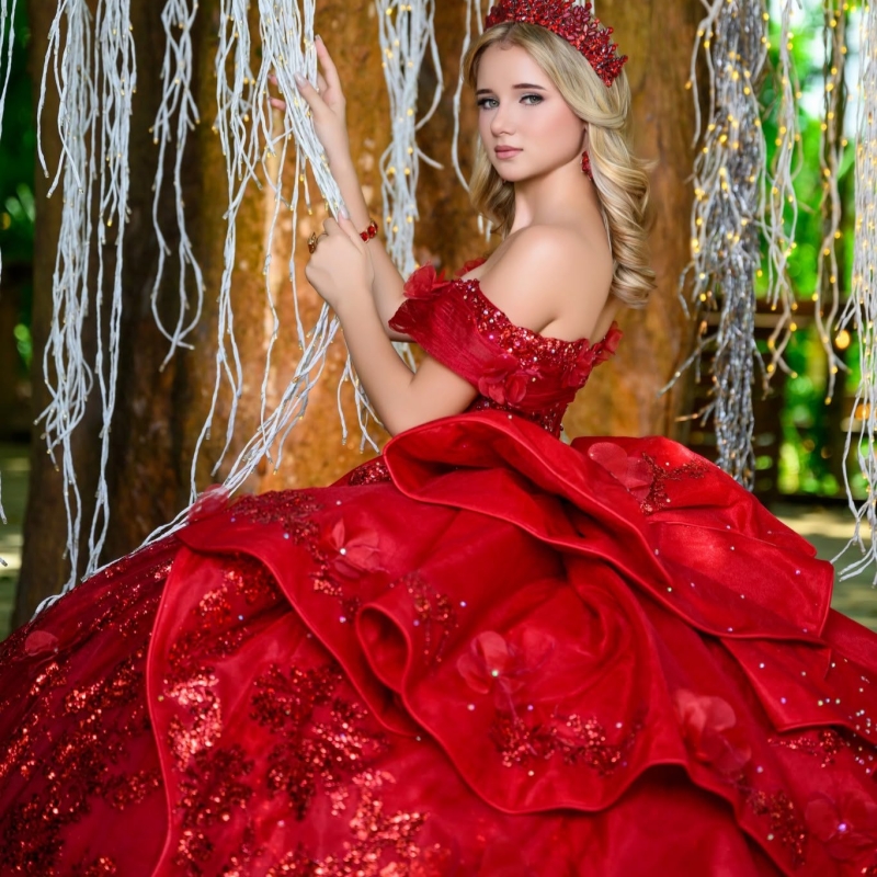 Red Shiny Quinceanera Dresses Off The Shoulder Sequin Applique Lace Beading Crystal Bow Tull Party Birthday Sweet 16 Dres Vestidos 15 De Anos