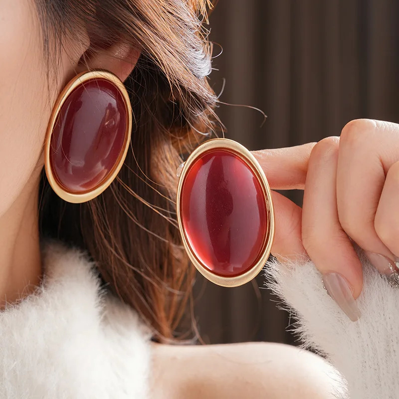 Vintage Red Resin Womens Earrings Stud Earrings large Geometric Oval earrings Party Wedding Ear Jewelry Wholesale 251013