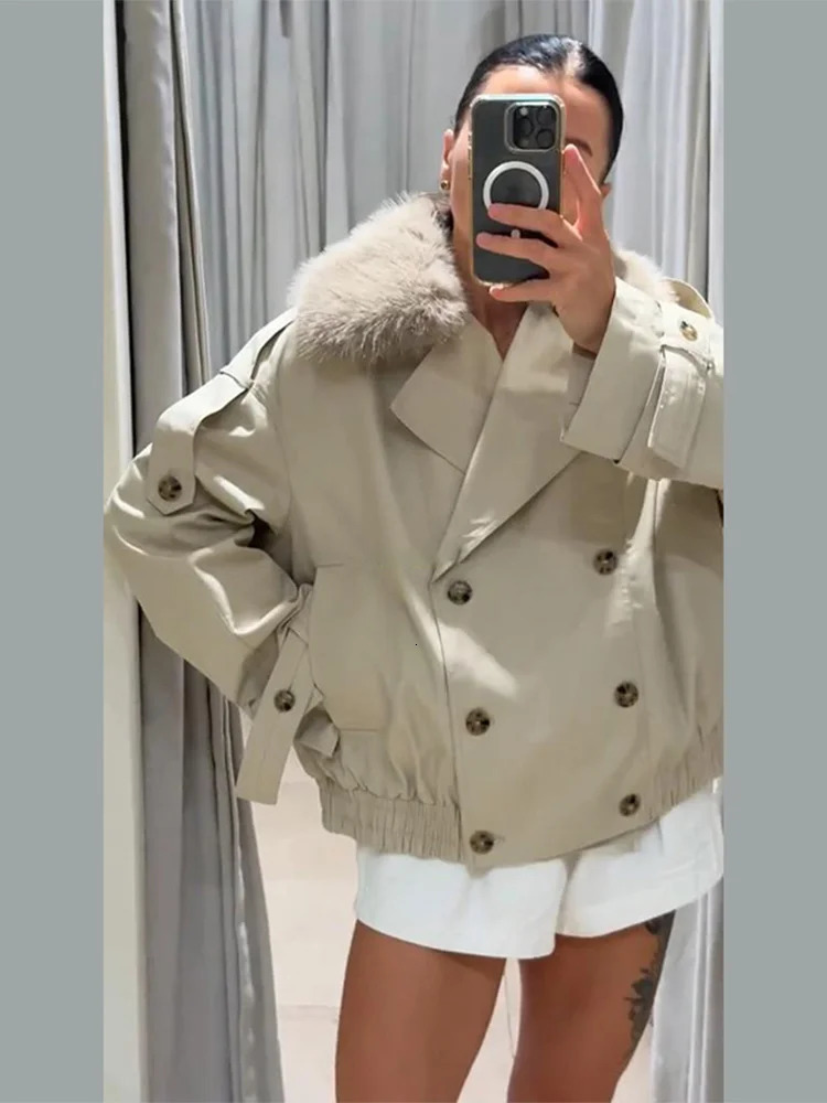 Long Sleeve Jacket Women Cropped Trench Coat Lapel Double Breasted Pocket Jackets 2025 Autumn Female Retro Streetwear 251010
