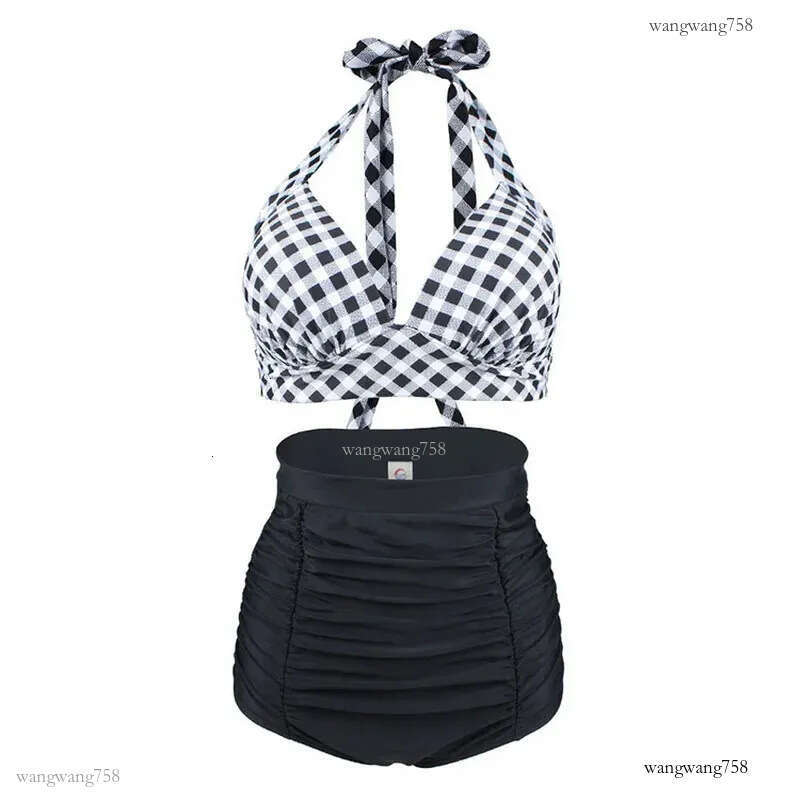 Plus Size Women Halter Top Bikini Set High Waist Push Up Swimsuit Plaid Vintage Sexy Beach Bathing Suit Swim Wear Retro XXL XXXL 240327