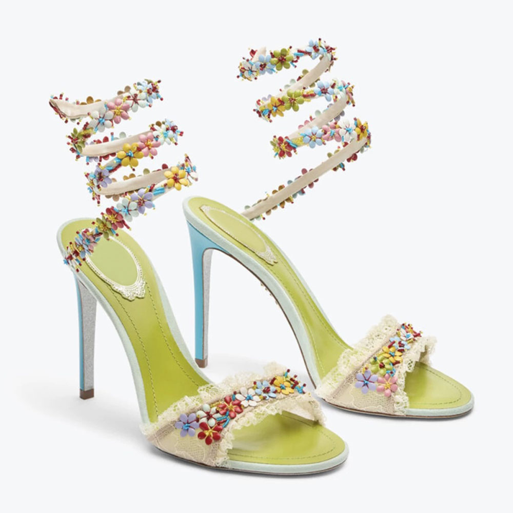 Cleo Floral Lace Satin Sandals Snake Stiletto Heel shoes Luxury designer women evening shoes Elegant wedding shoes Slip on high heel sandals 34-43 Bring box