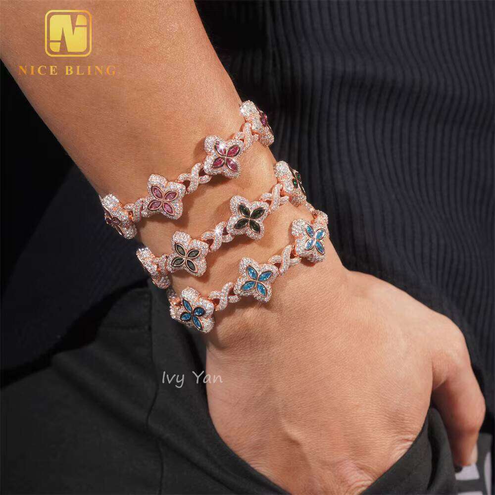 Rich Color Luxurious Floral Design 18mm Iced Out Hip Hop Unisex Jewelry Cuban Chain Sier VVS Sandstone Bracelet