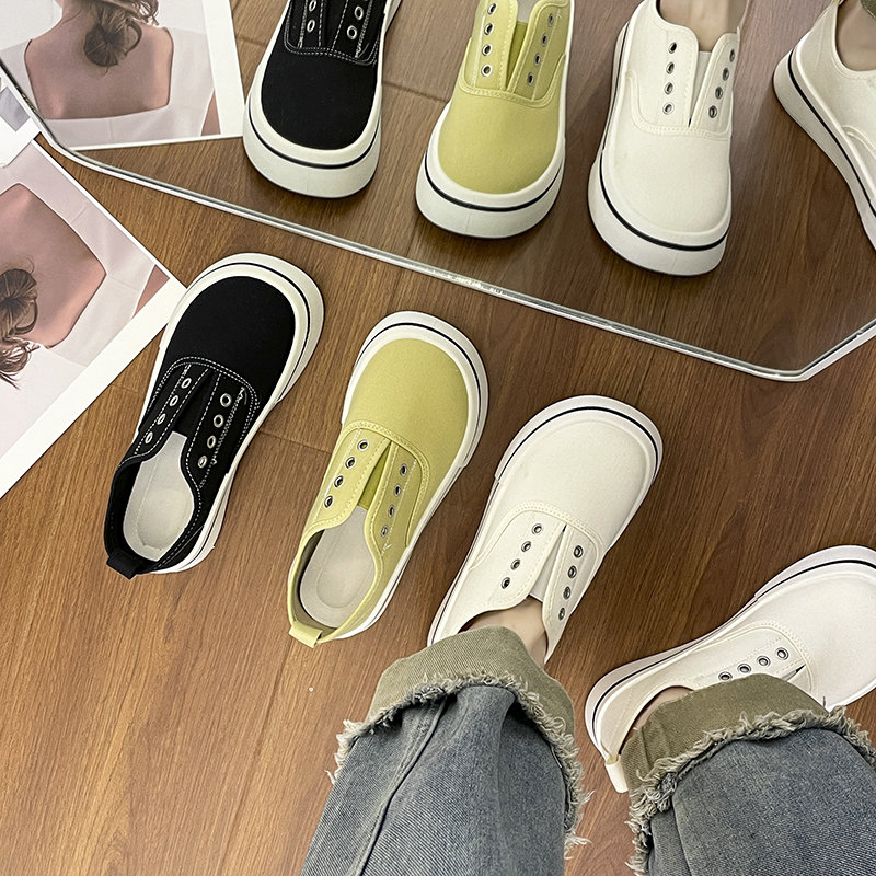Women's Square Head Toe Low-Profile Canvas Shoes Women's Spring Summer New Style Breathable Thin-Material Flat Heel Board Shoes Student Brea