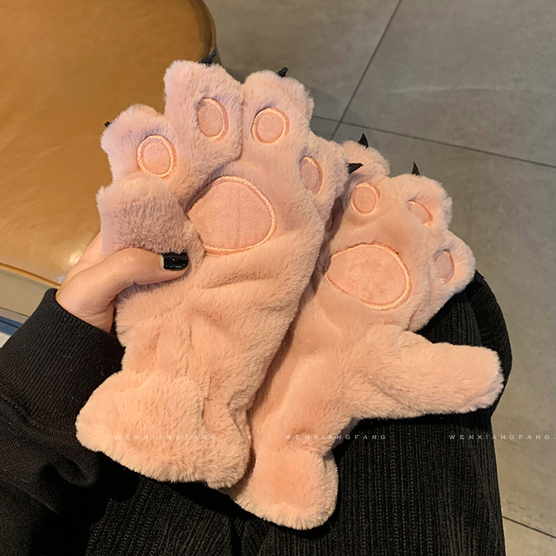 Cartoon Cute Bear Cat Paw Plush Gloves for Women, Neck Hanging, Girls, Students, Fleece Lined, Thickened, Cold-Proof, Winter, Riding, Trendy