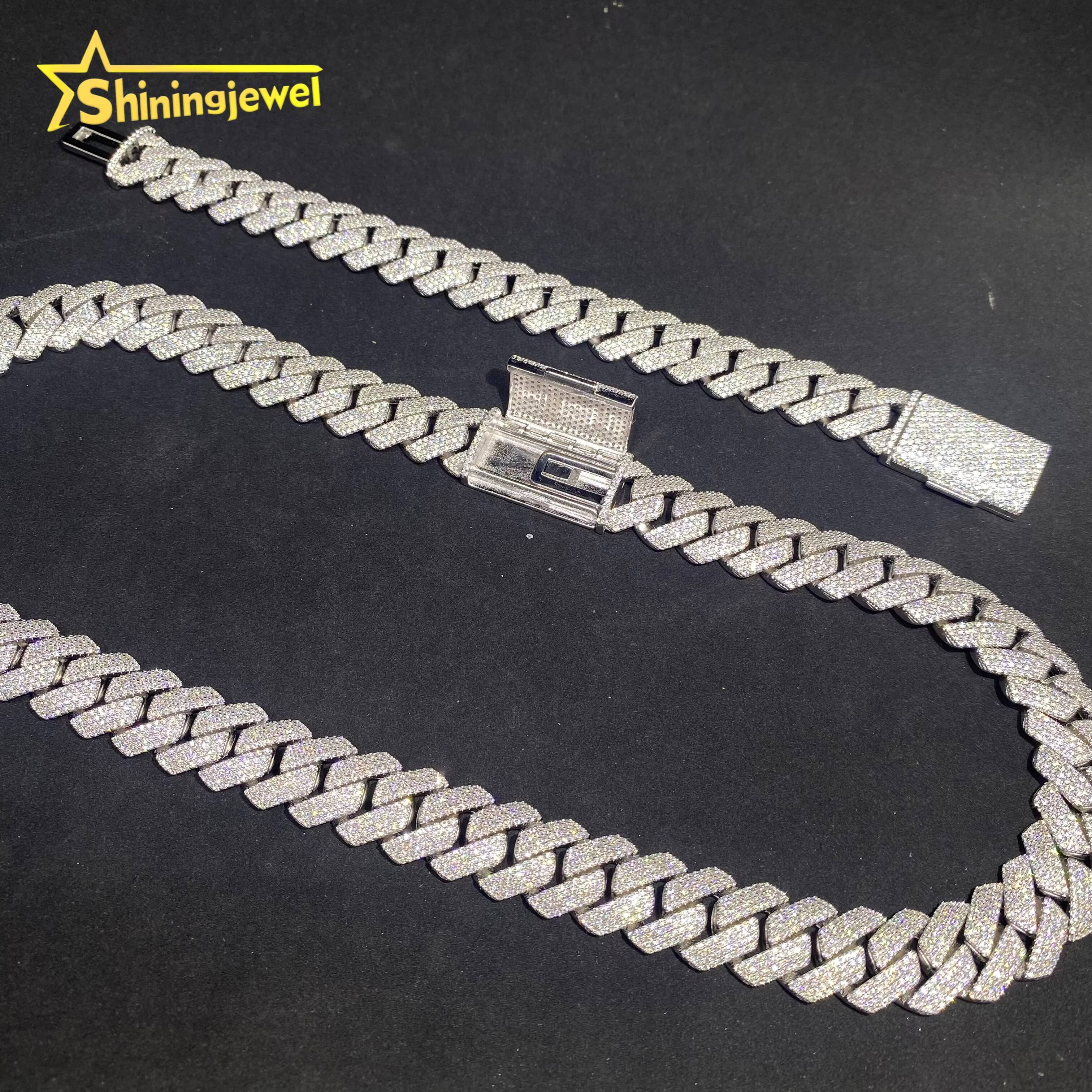 15mm 4Row Pass Diamond Tester Iced Out Fine Hip Hop Jewelry Necklace 925 Silver VVS D Moissanite Thick Cuban Link Chain Bracelet