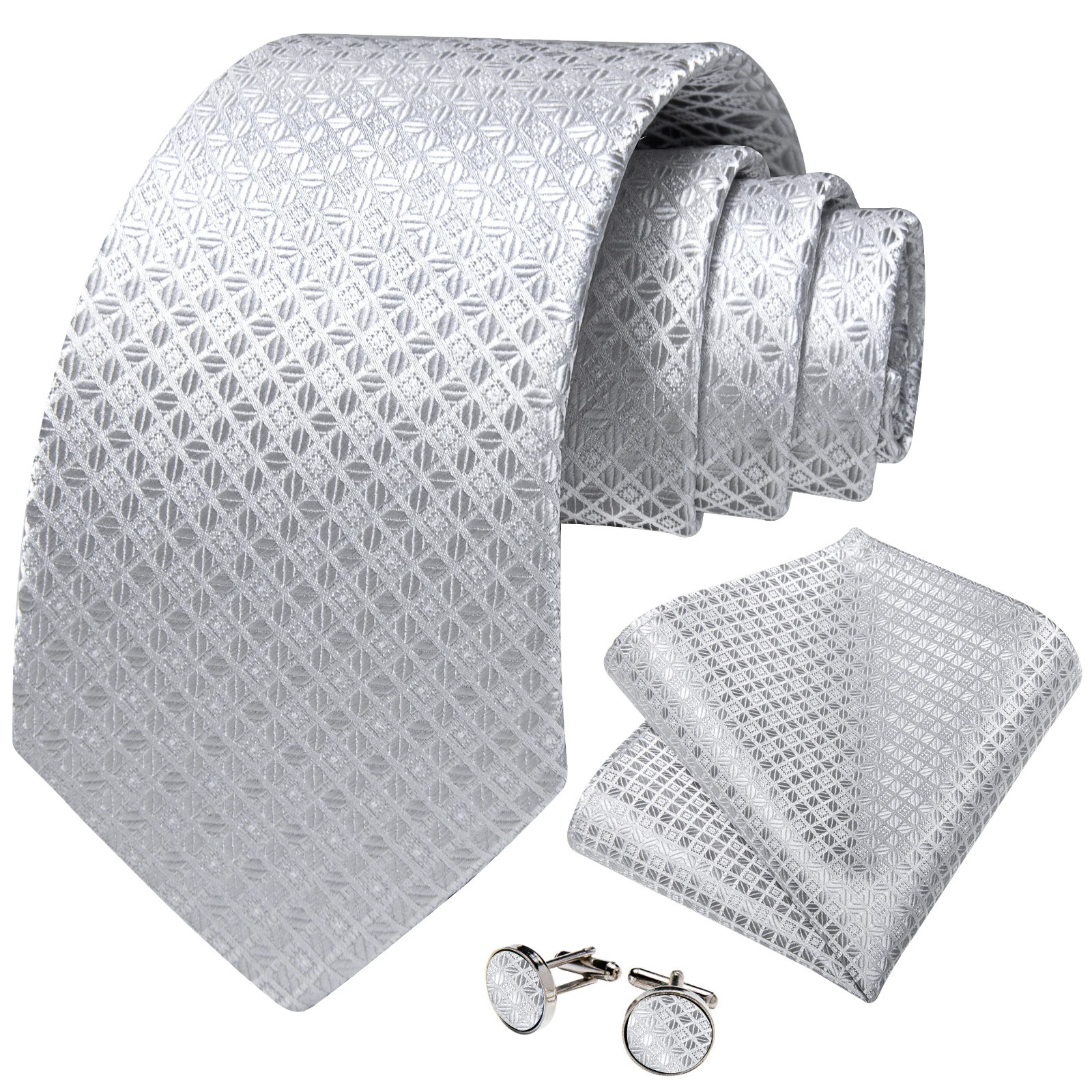 3Pcs Sliver Plaid Solid Grey Silk Men Tie Pocket Suqare Cufflinks 8cm Wedding Prom Accessories Gravats Gift for Husband 251014