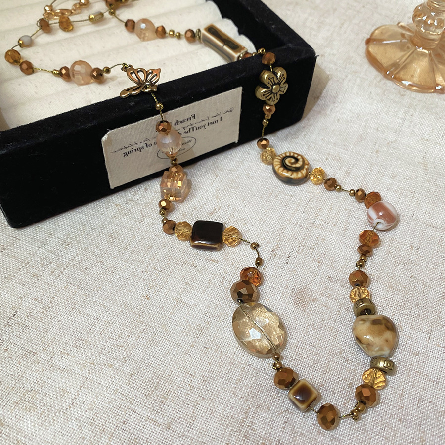 Butterfly Flower Ceramic Heart Artificial Crystal Necklace High-End Autumn Winter Sweater Chain Women's Niche Jewelry