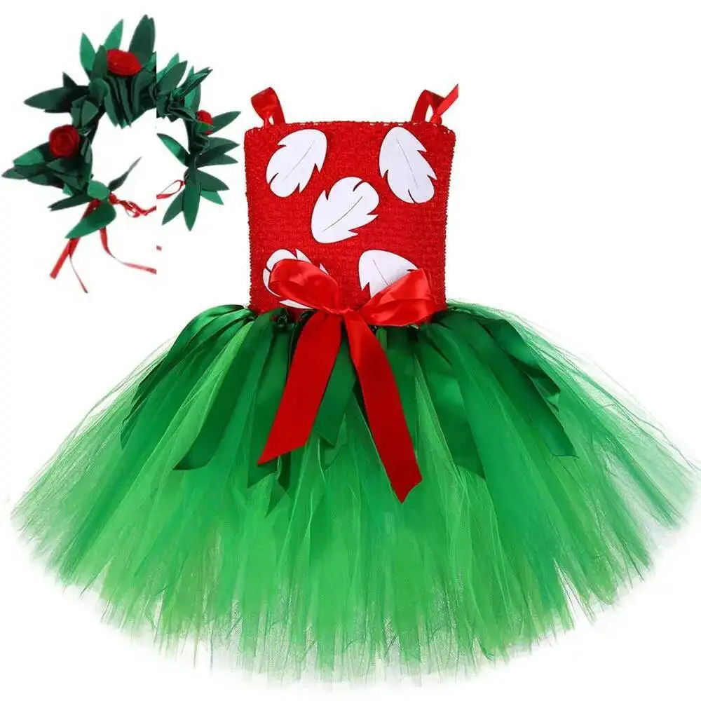 Red Green Hawaii Ballet Tutus Dresses for Baby Girls Christmas Princess Costumes Kids Hawaiian Fancy Outfit with Flowers Garland 251014