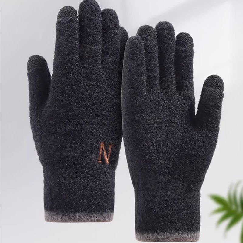 Men's Fleece-Lined Thickened Letter Embroidery N Cycling Winter Cold-Proof Warm Gloves Touchscreen