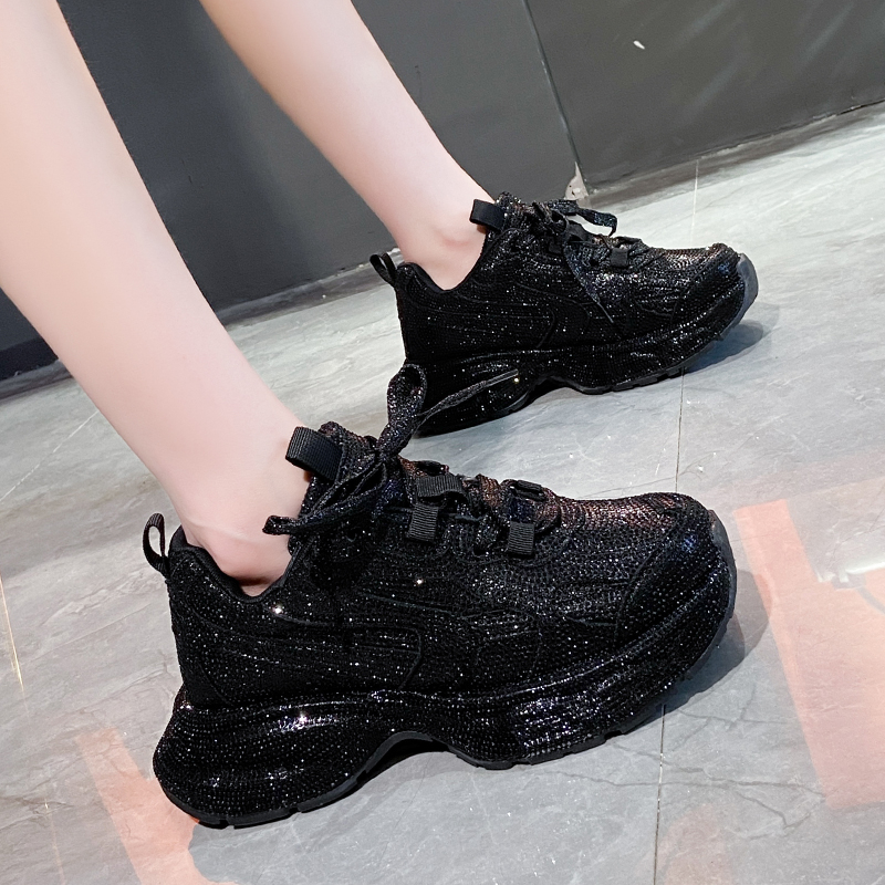 Women Luxury Sneakers Spring Lace-Up High Heel Rhinestone Casual Working Shoes Wearing Night Running Shoes Outside Breathable Height Increased Designe