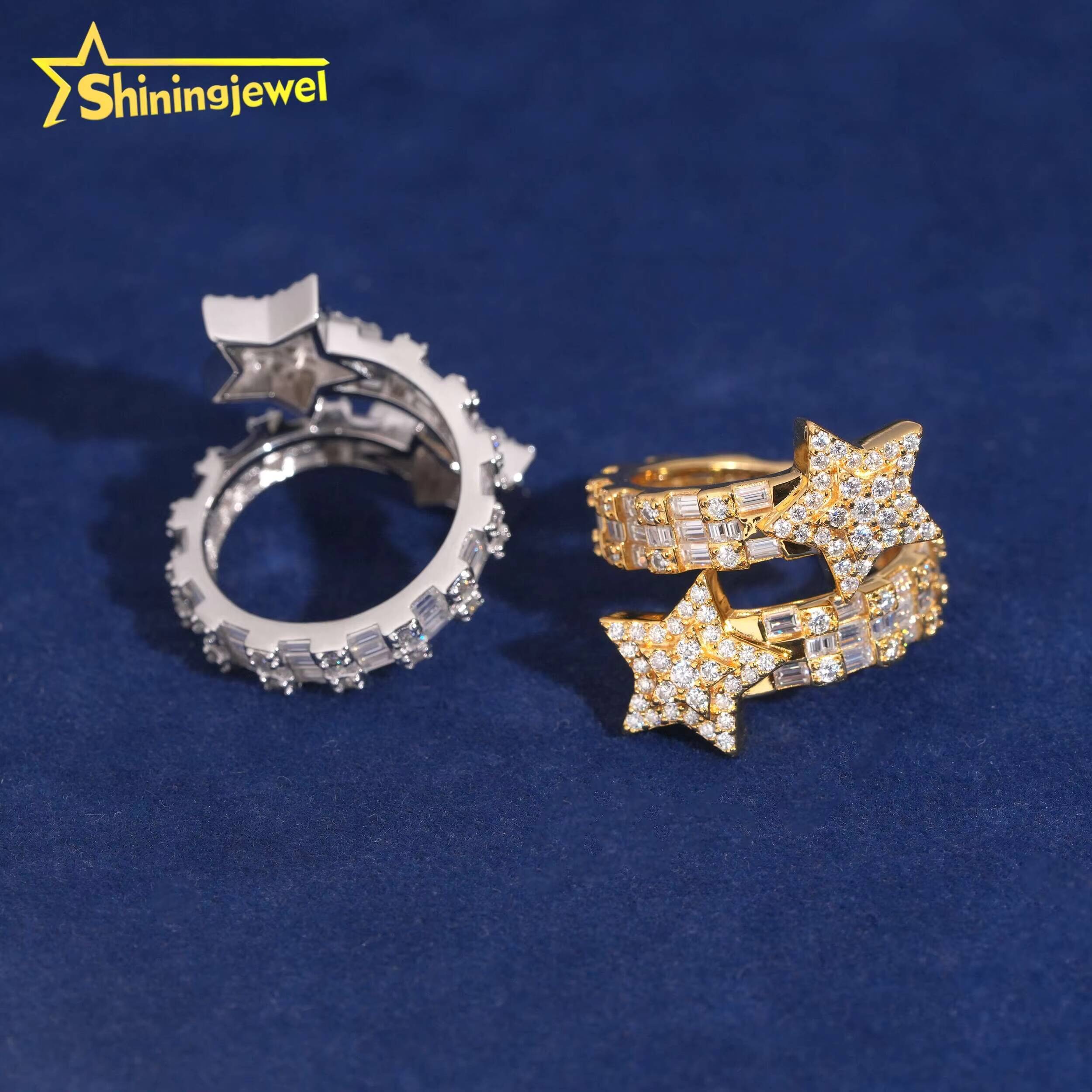 Pass Diamond Tester Full Iced Out Star Shape Hip Hop Rapper Jewelry VVS Moissanite Baguette Diamond 925 Silver Men Ring