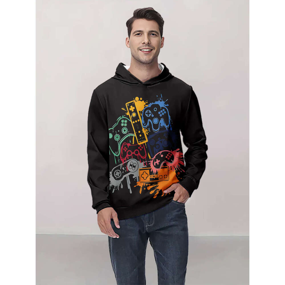 Men's Gaming Graphic - Retro Controller Design Sweatshirt In Black With Neon Splatter, Hine Washable Pullover Hoodie For Gamers, Casual Winter &