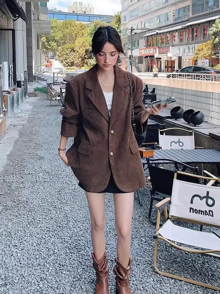 Type Womens Blazer Autumn Fashional Vintage Corduroy Single Breasted Solid Color Loose Coat Ladys Casual Blazer Clothing 251015