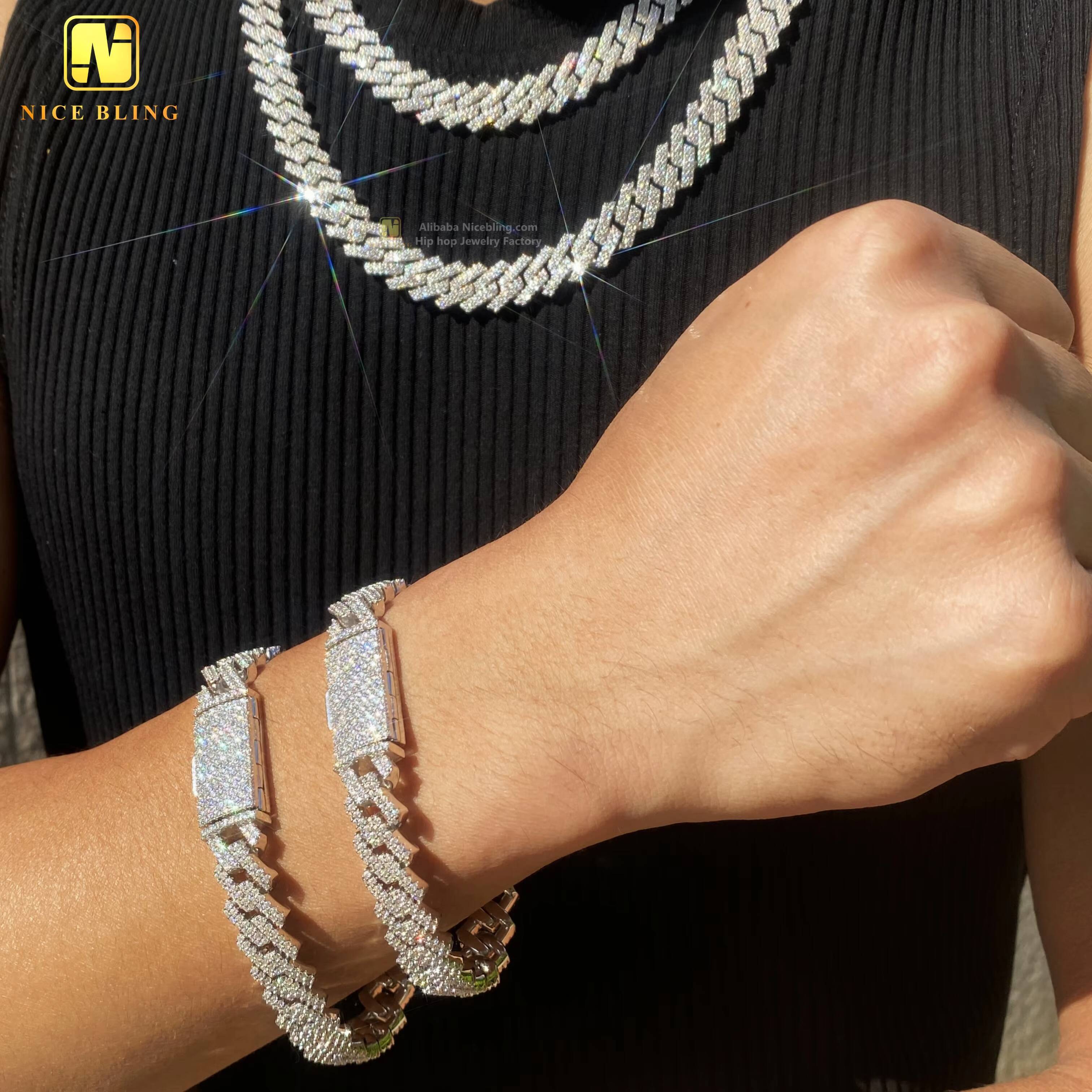 Hip Hop Jewelry Iced Out 925 Sterling Silver Moissanite Cuban Link Chain 12mm Fashion Men Jewelry Cuban Necklace Bracelet