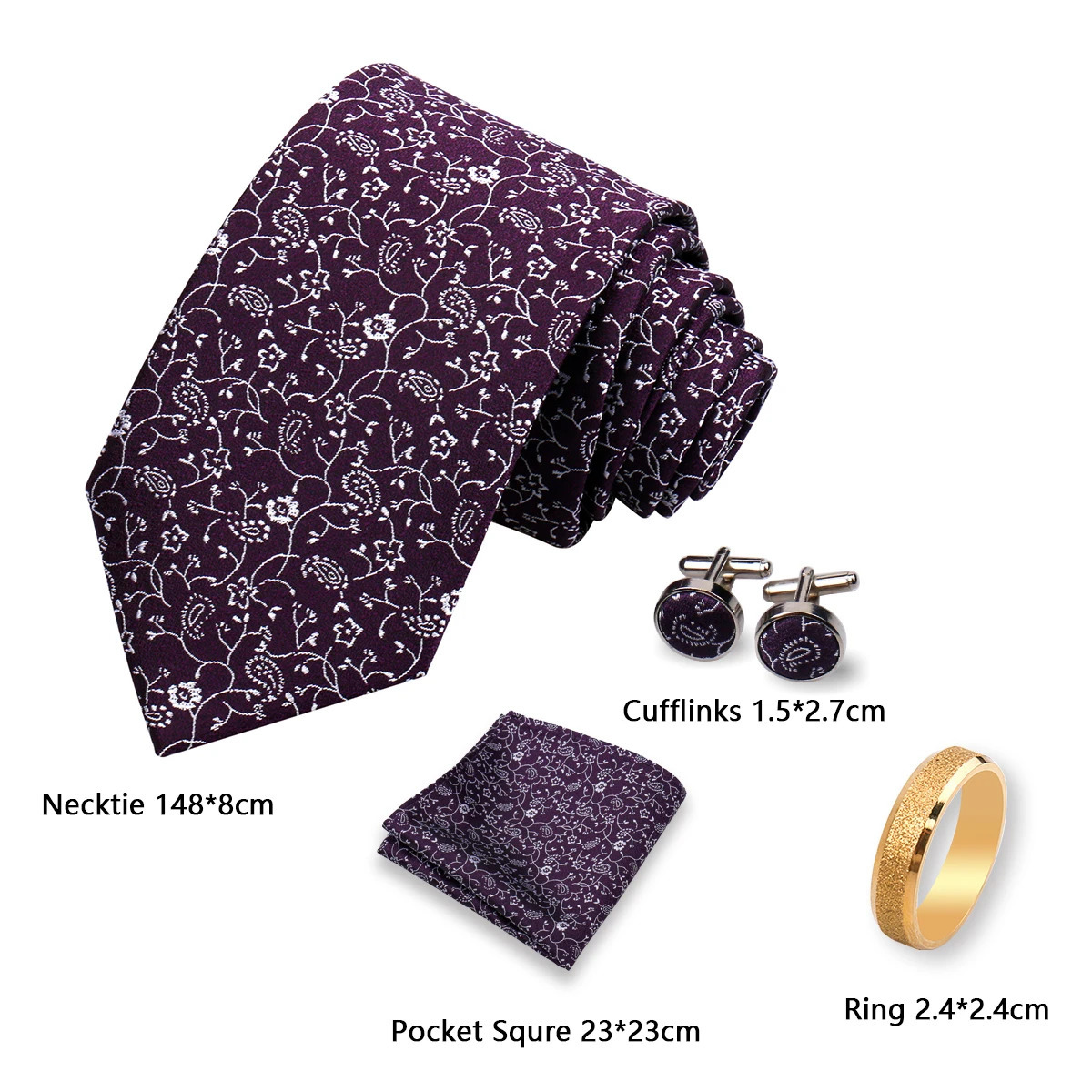 Necktie Ring For Men Tie Handkerchief Cufflinks With Gold Metal Ring Suit Paisley Red Tie For Wedding 8cm Man Accessories 251014