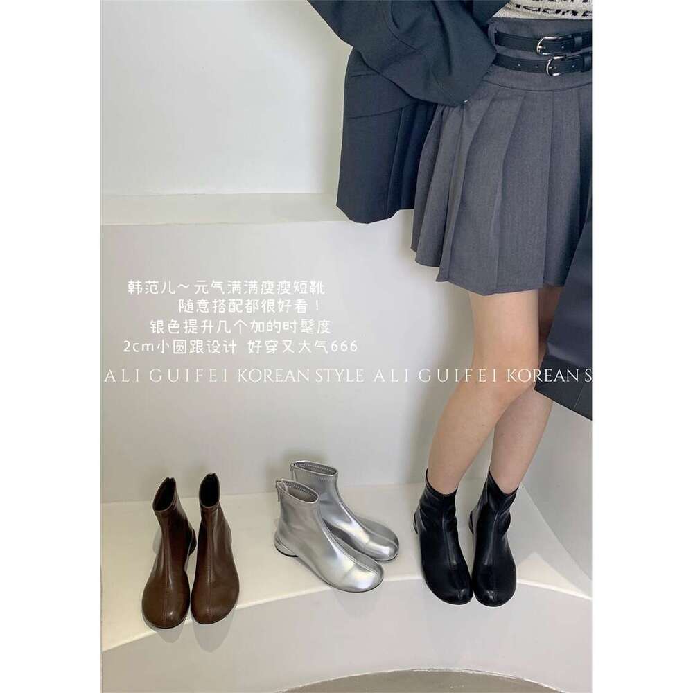 Round Toe Slim Thick Heel Ankle for Women 2025 Autumn Winter Designer Shoe Versatile Back Zipper Short Soft Leather Niche Martin Boots