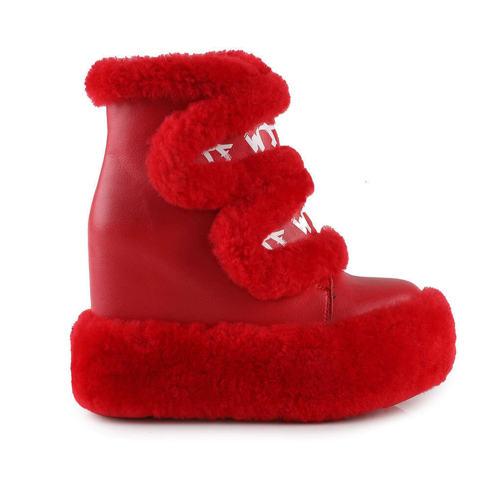 Women Cozy Faux Fur Hidden Wedges Platform Winter Ankle Boots Red
