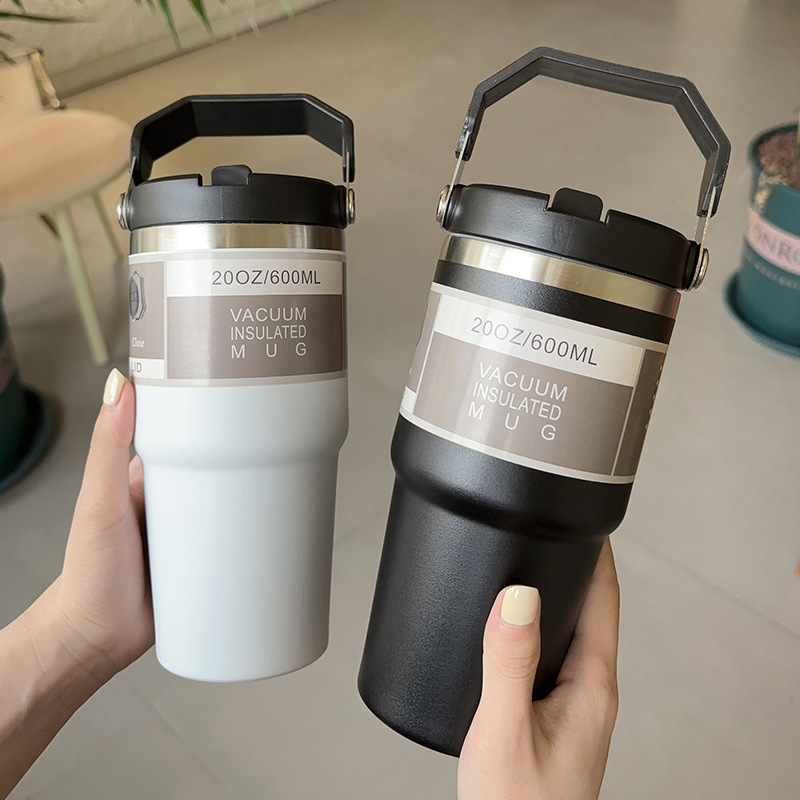 large capacity portable car cup stainless steel thermos cup with straw handle travel sports water bottle vacuum flask