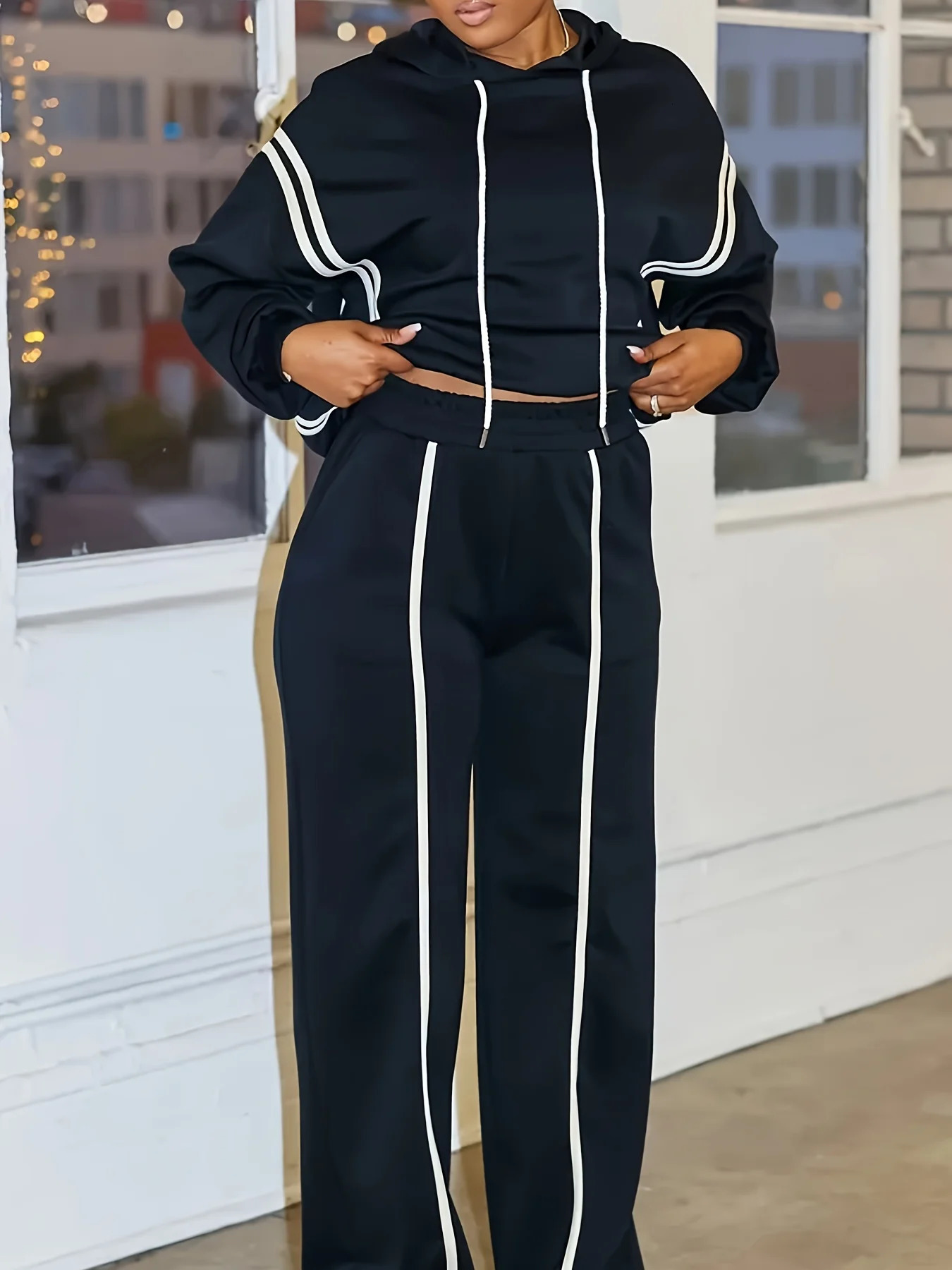 Two Piece Set of Casual Sports Striped Drawstring Hooded Long Sleeved Sweatshirt and Straight Leg Pants 251016