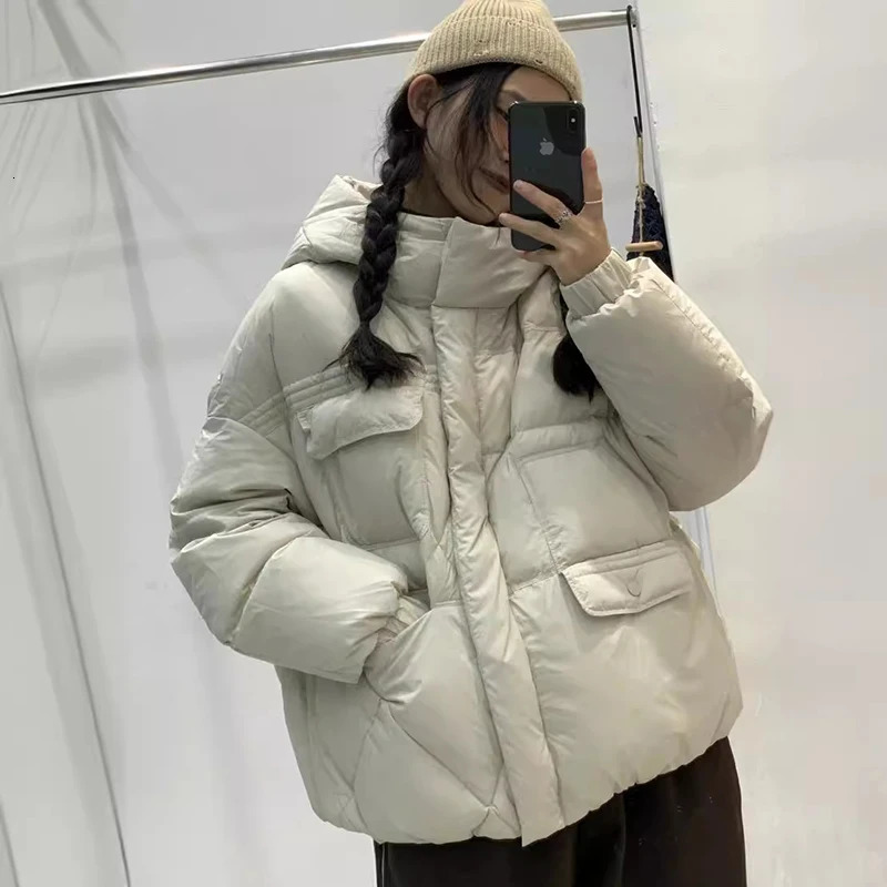 Winter Hooded Versatile Short Down Coats Women White Duck Jacket Thickened Warm Puffer Loose Over Size Outwear 251017