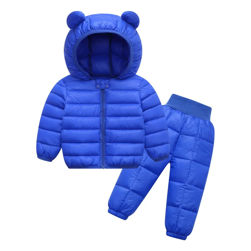Children Winter 2pce Set Printed Cotton Jacket Boys Cotton Jacket Girls Thickened Bear Ear Children Down Trousers Fleece Jacket 251017
