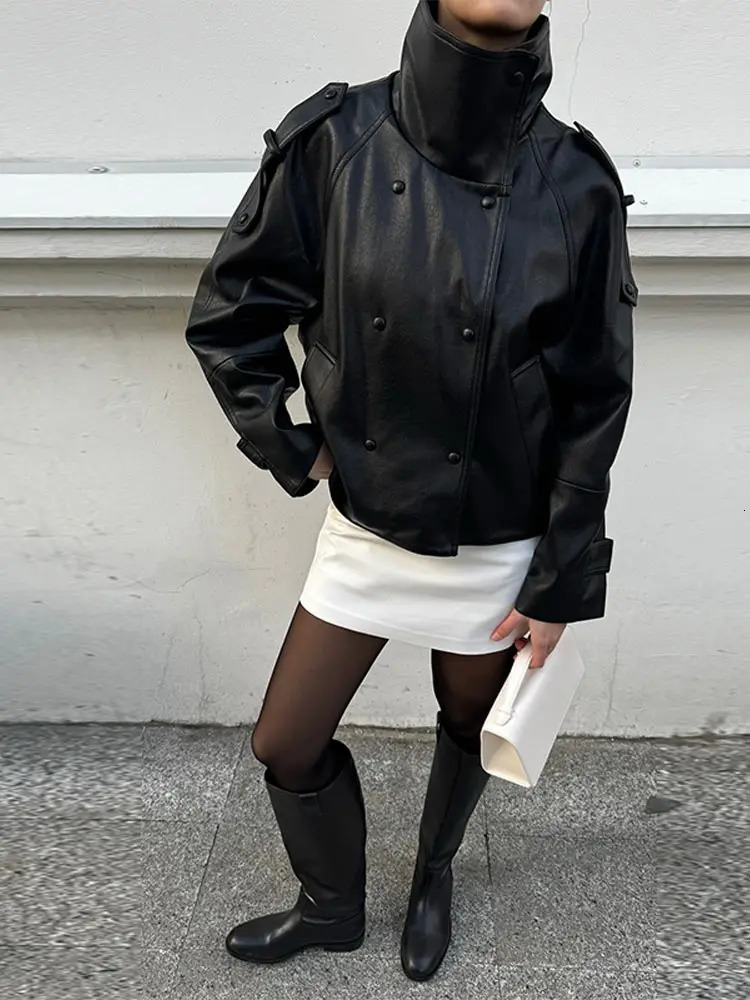 Black Stand Collar Womens Leather Jacket Loose Long Sleeve Zipper Pockets Motorcycle PU Coats 2025 Autumn Lady Outerwear 251016