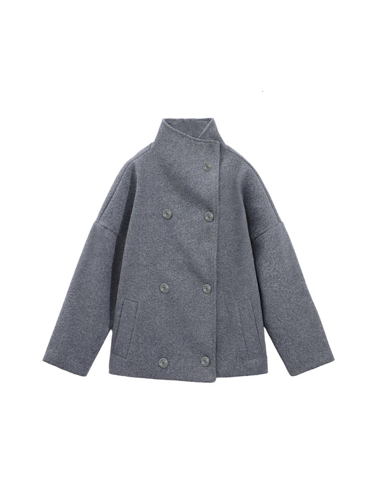 In Stand Collar Woolen Jacket For Women 2026 Autumn Winter Double Breasted Long Sleeve Coats Female High Street Chic Outwear 251016