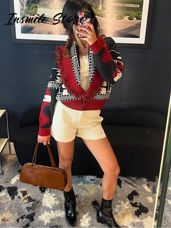 Casual Printed Spliced Tassel Knitted Cardigan Women Loose Vneck Long Sleeve Buttons Sweater Autumn Lady Chic Outwear 251015 - view 3