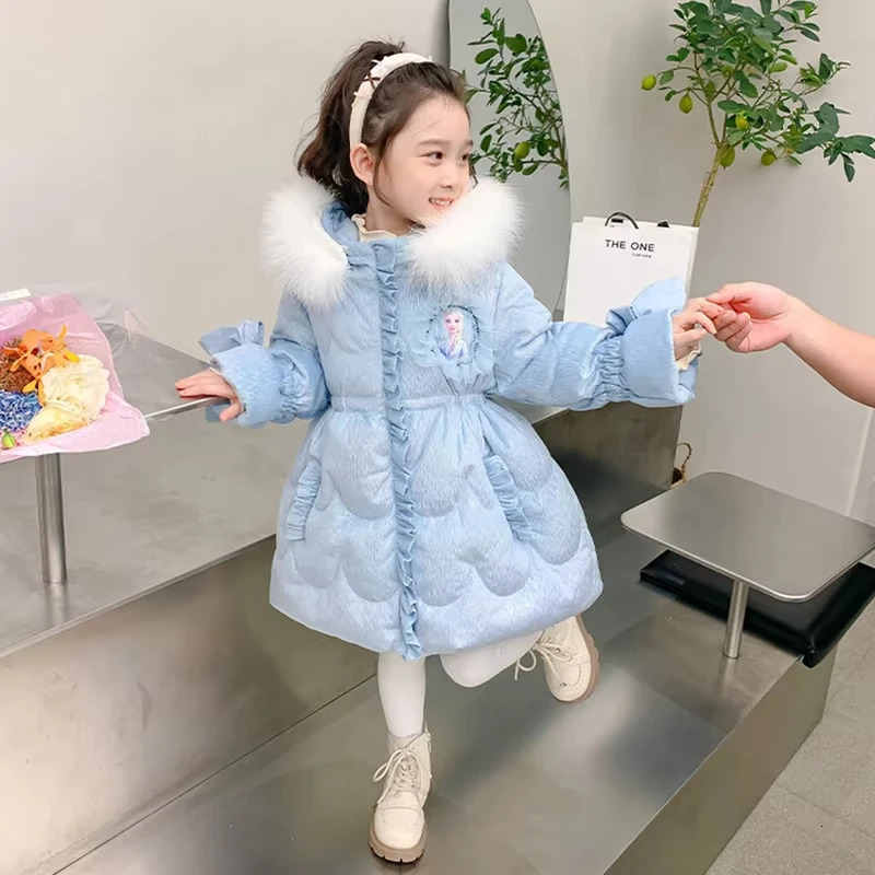Frozen Elsa Girls Downcoat Winter Kid Clothes Fur Collar Hooded Padded Cotton Thicked down Jacket Children Princess Costume 251017