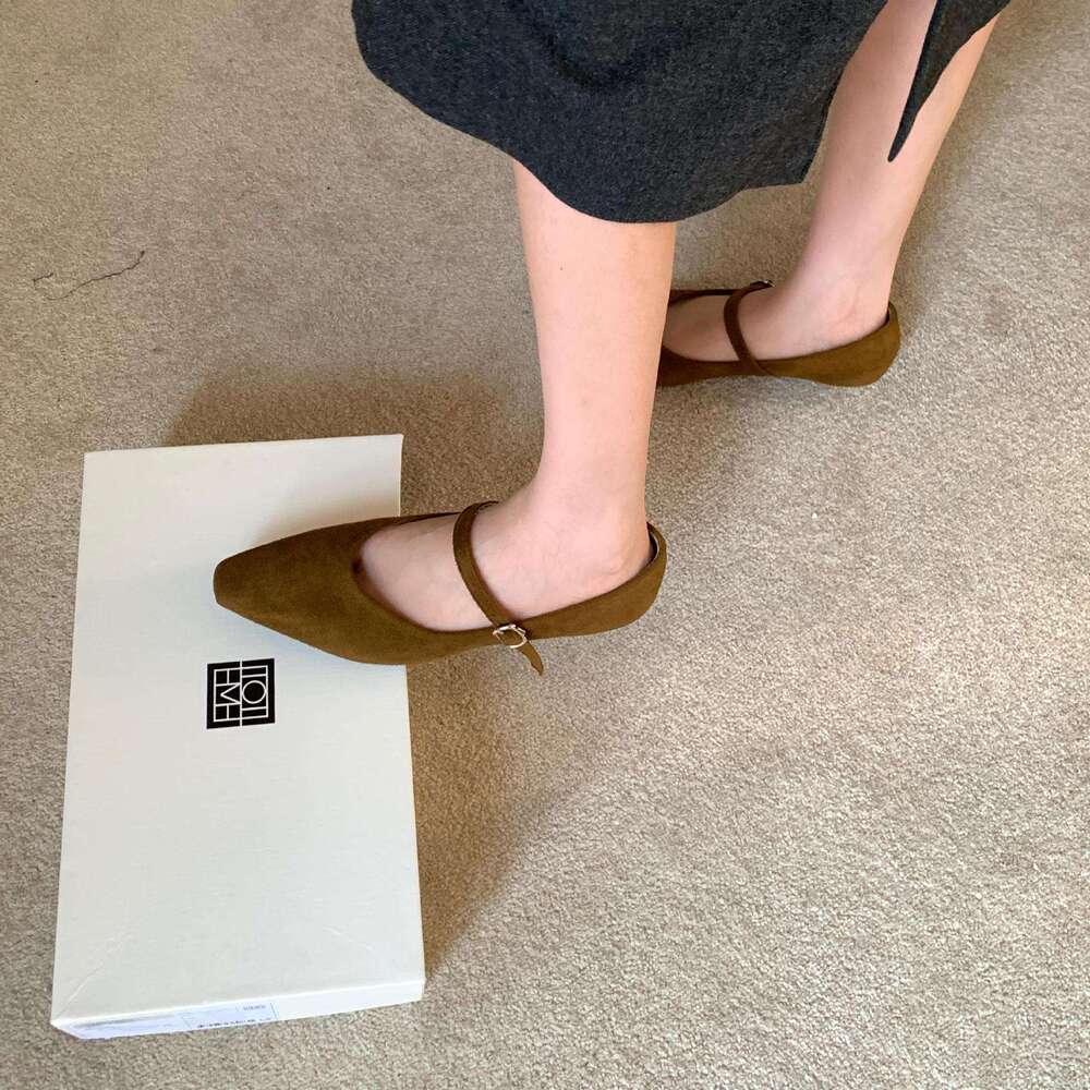 Wanwanfeng Suede Square Toe Single 2025 Designer Shoe Autumn New Style One-Strap Shallow Mouth Small Wedge Mid-Heel Mary Jane Shoes for Women