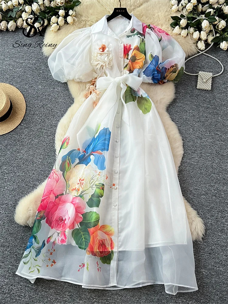 SINGREINY Original 3D Floral Organza Long Dress Female Lapel Short Sleeves High Quality French Vintage Print Maxi Dress 251018 - view 3