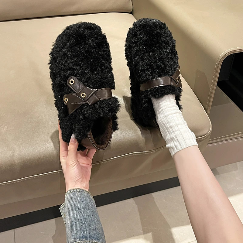 Womens Winter Footwear Warm Ladies Causal Cotton Shoes Furry Hairy Soft Versatile Women Fashion Black Plush Flat Shoes 251013