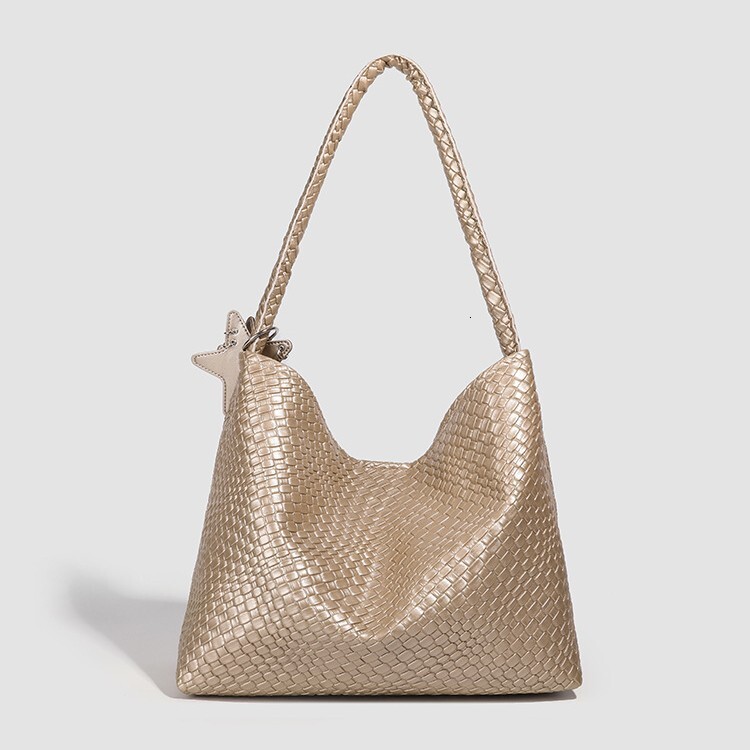 Luxury Brand Designer Bag 2025 New Summer Commuting Travel Tote Bag Imitation Woven Large Capacity Champagne Color Tote Bag Fashion Single Shoulder Ba