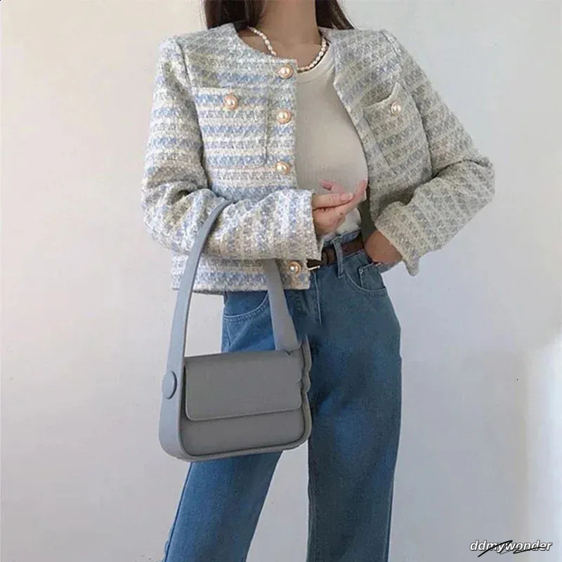 Cropped Cardigan: Elegant Single-Breasted Autumn/Winter Pearl Button Long Sleeve Outwear Top - Perfect For Chic Style, Ladies Blue Tweed Jacket Ddmywo