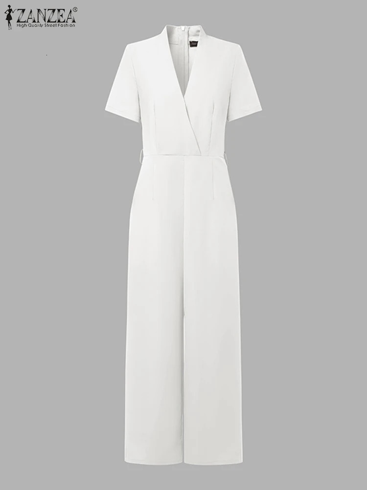 ZANZEA Street Fashion High Waist Jumpsuits Women Workwear Belt Rompers Solid Deep V Neck Elegant Office Lady Long Overalls 251016