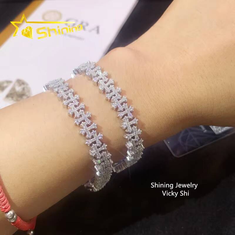 Fine Jewelry Hip Hop Iced 8mm Moissanite Cross Bracelet Pass Tester 925 Silver VVS Moissanite Diamond Cuban Link Chain