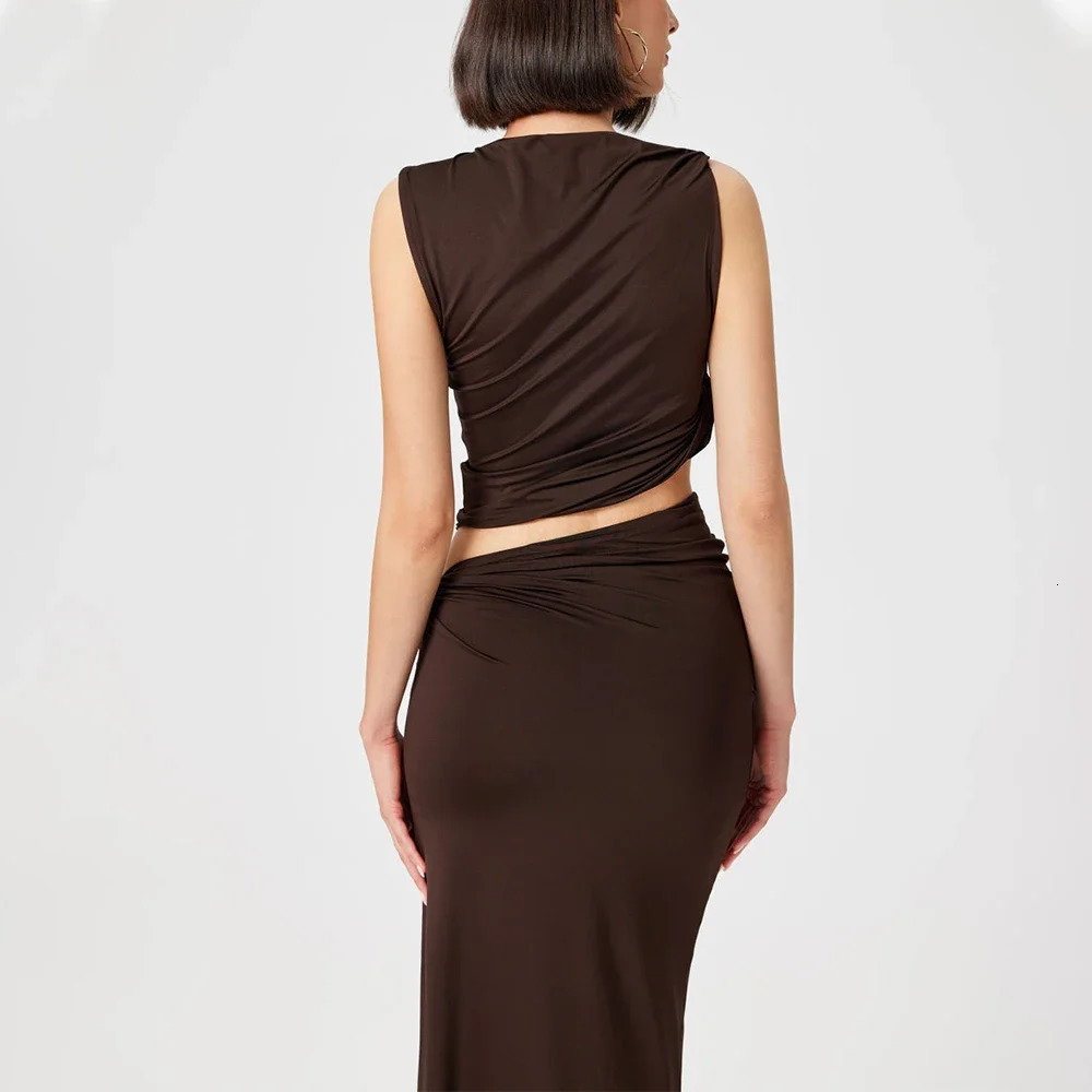 Talenza Knitted Long Skirt Set 2piece Womens Solid Color Slim Casual Skirt Set Sleeveless Pullover Vacation Long Skirt Set 251014