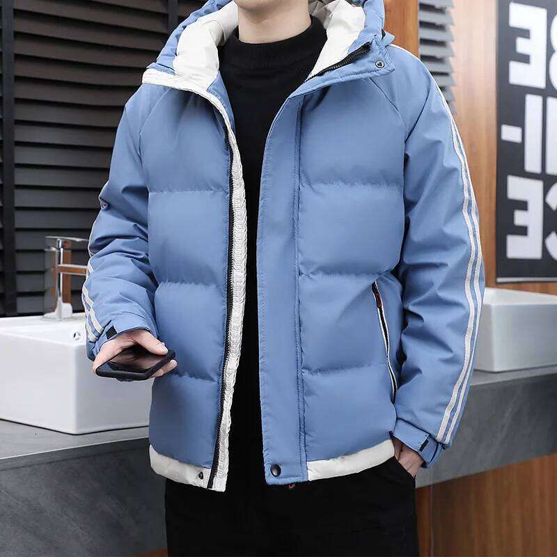 Winter Men's Down Cotton Handsome Thickened Casual Windproof Hooded Padded Coat Color Matching Cold Proof Wadded Jacket