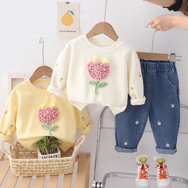 Girls' set 2025 Spring and Autumn new Korean version fashionable flower round neck long sleeved two-piece set free shipping designer