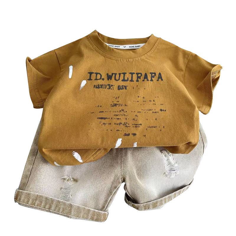 Boys' summer outfit new summer short sleeved 2025 vintage round neck two-piece loose fit free shipping