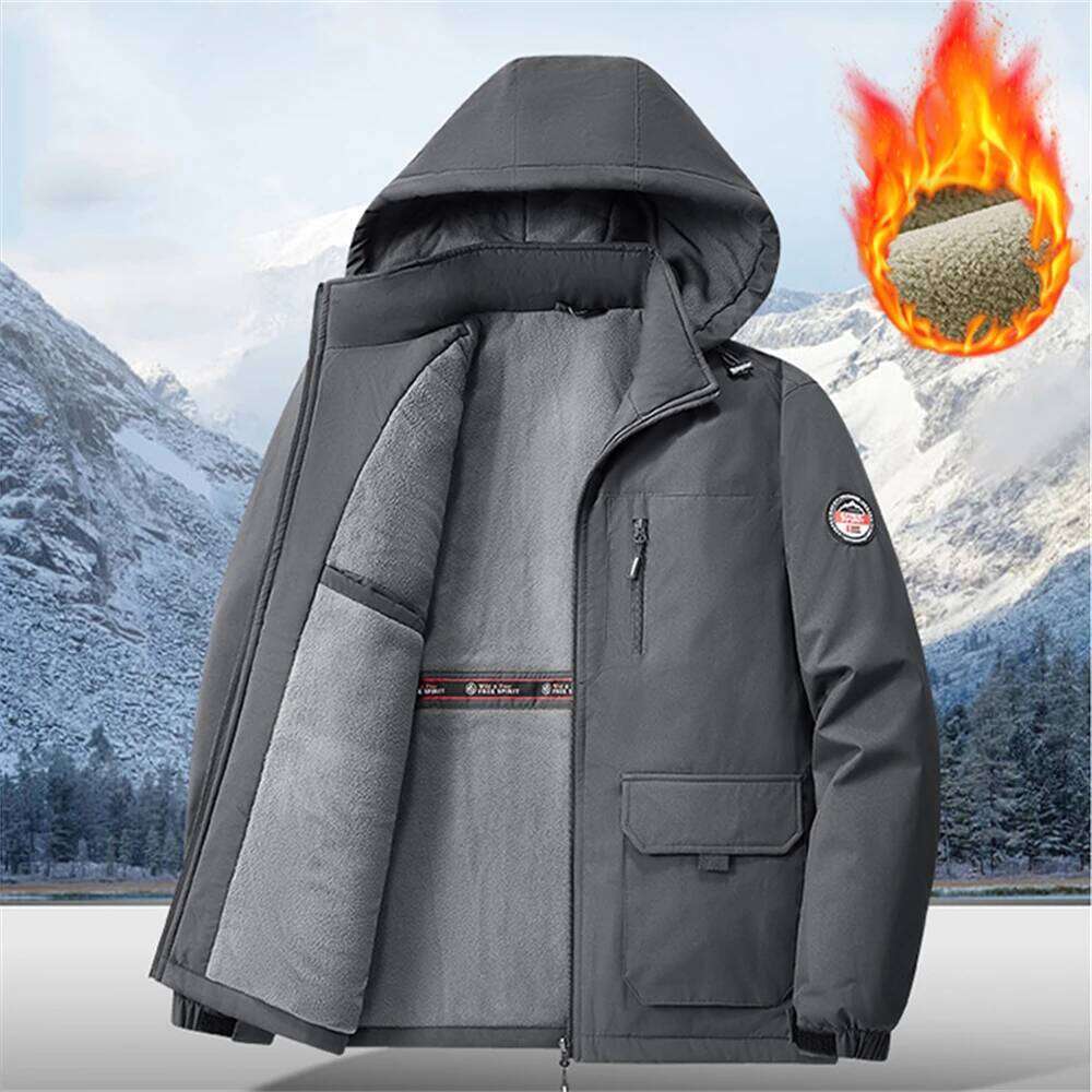 8Xl Outdoor Sports Windproof Waterproof Workwear Jacket Thickened Warm Hooded Jackets Men Fleece-Lined Epaulette Trench Coat