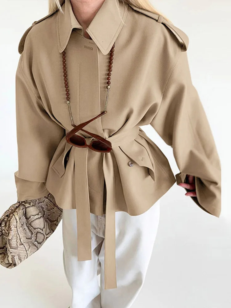 Chic Casual Lapel Trench Jacket Coat Women Elegant Loose Single Breasted Short Jackets With Belt Lady 2025 Retro Street Outwear 251010