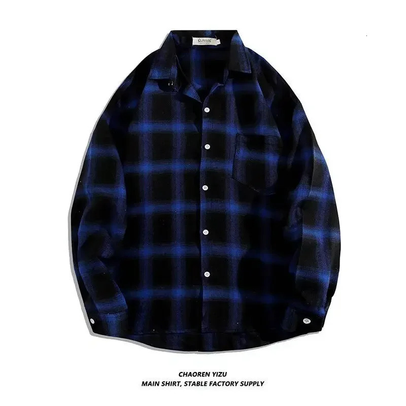 Vintage Plaid Shirts Oversize Basics Long Sleeve Turndown Collar Pocket Loose Single Breasted Casual Thin Coat 251016