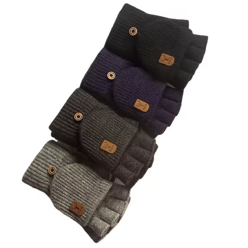 Warm Winter Knitted Gloves for Riding, Outdoor, Finger-separated, Flip Cover, Unisex, Fleece-lined, Thickened, Protective