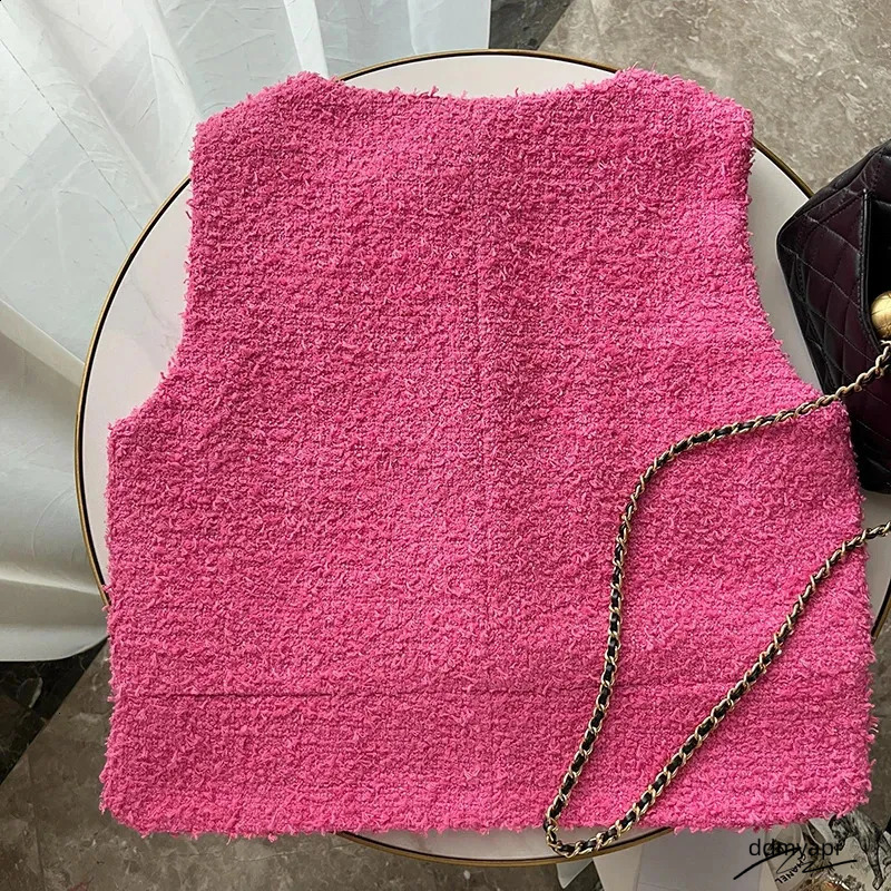 Tweed Vest Womens: Elegant O-Neck Sleeveless Wool Jacket, Korean Style ddmyApr Jacket. Lightweight Pink And White Coat For Women